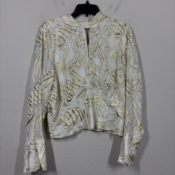 Parker Size XL The Piper Top Gold White Lurex Blend Keyhole Smocked Long Sleeves - Picture 3 of 12